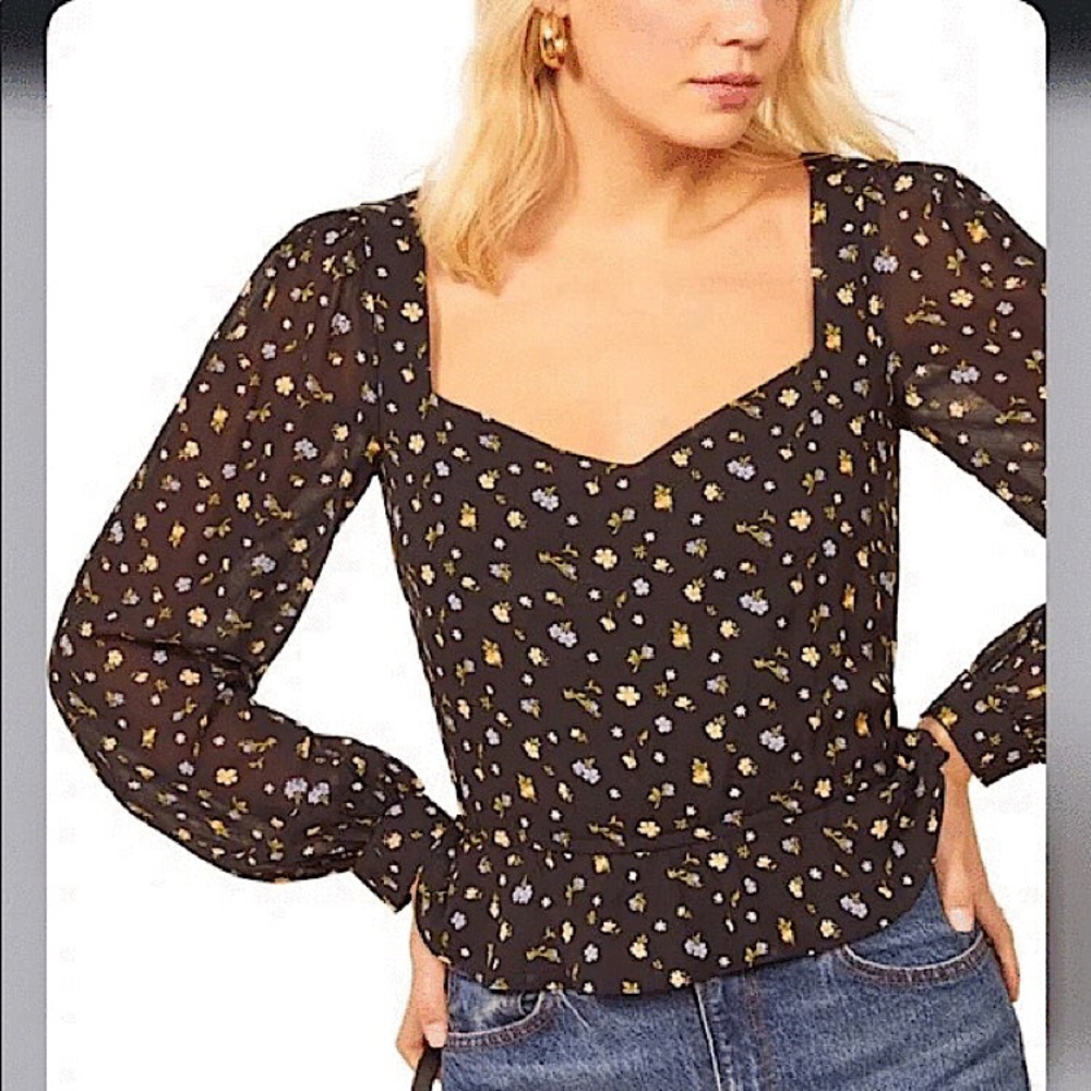 Reformation Valencia Top Black Posie Floral Sweetheart Neck Blouse Size Medium
